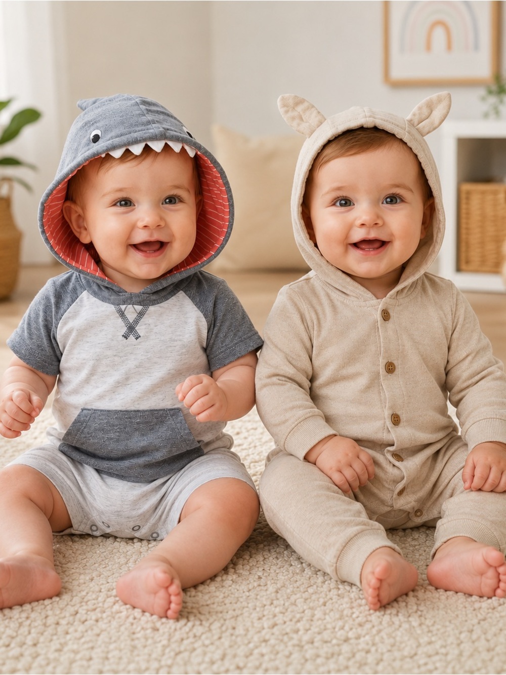 Carter’s 2-Piece Baby Outfit Set 9M Shark Romper & Bear Hooded Jumpsuit